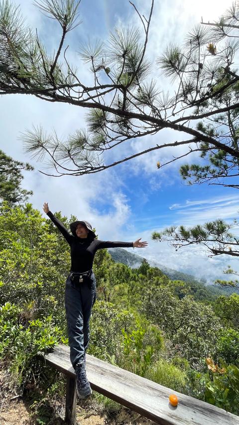 A person with open arms at a viewpoint