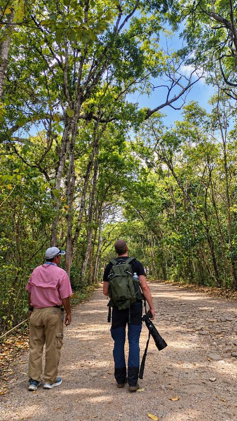 Two people walking on a trail