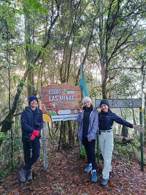 Hikers beside a forest sign